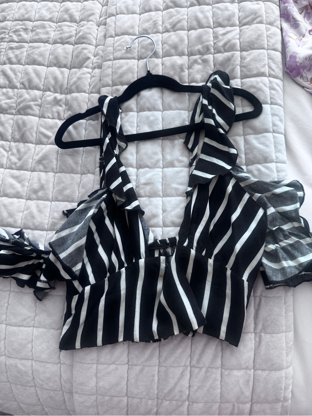 Blue Life Black & White Striped Ruffle Shoulder Crop Top